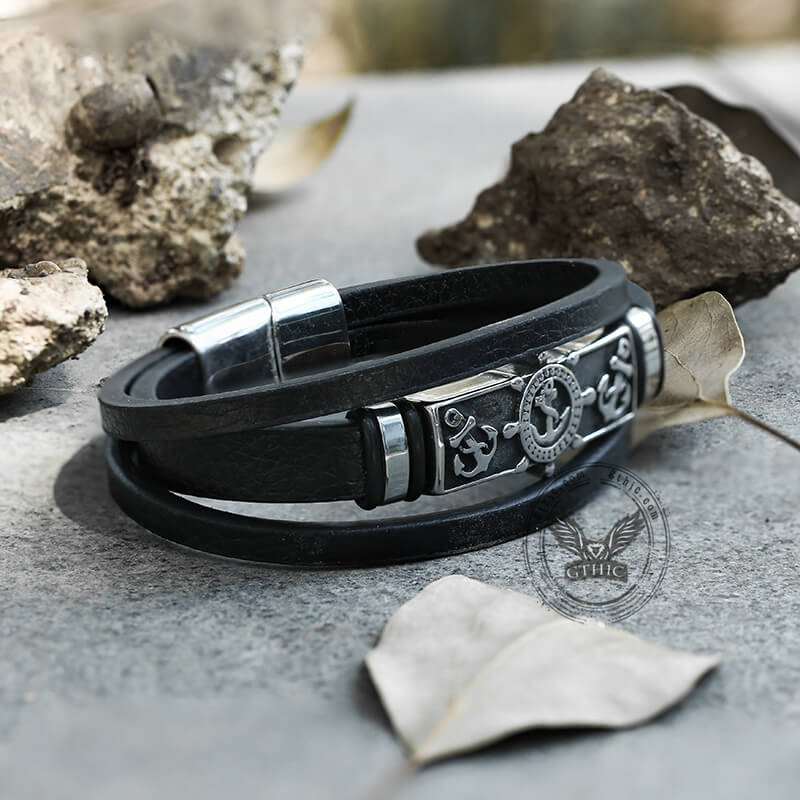 Rudder Anchor Stainless Steel Leather Bracelet
