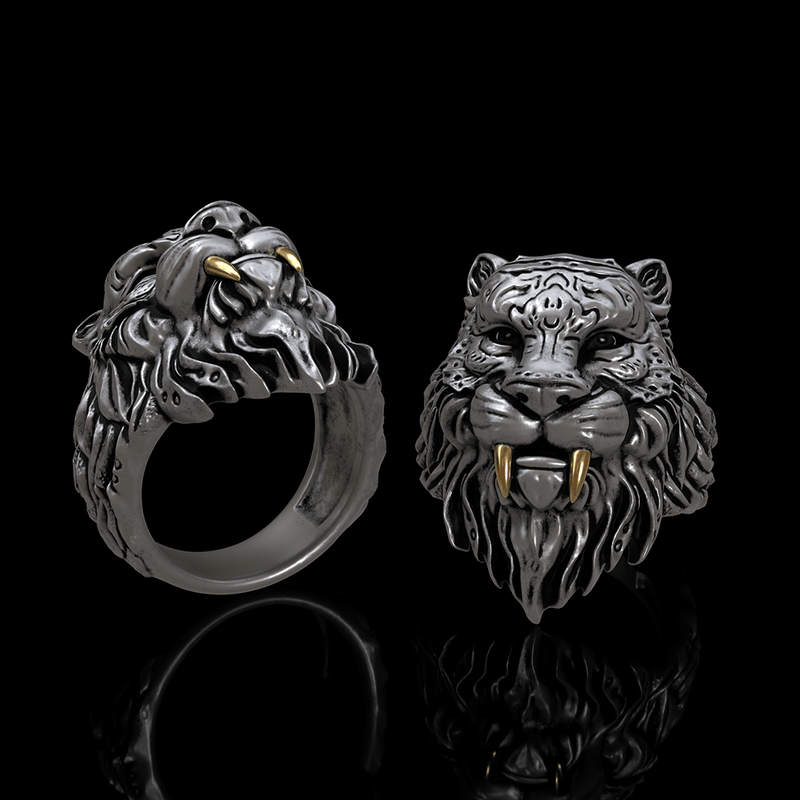 Saber-toothed Tiger Head Sterling Silver Ring
