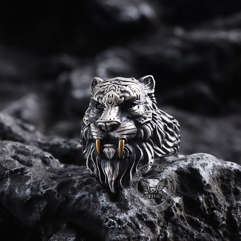 Saber-toothed Tiger Head Sterling Silver Ring