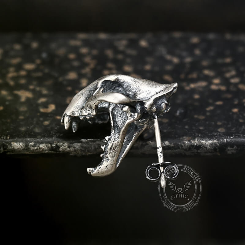Saber Tooth Tiger Skull Head Sterling Silver Stud Earrings