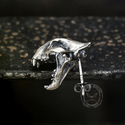 Saber Tooth Tiger Skull Head Sterling Silver Stud Earrings
