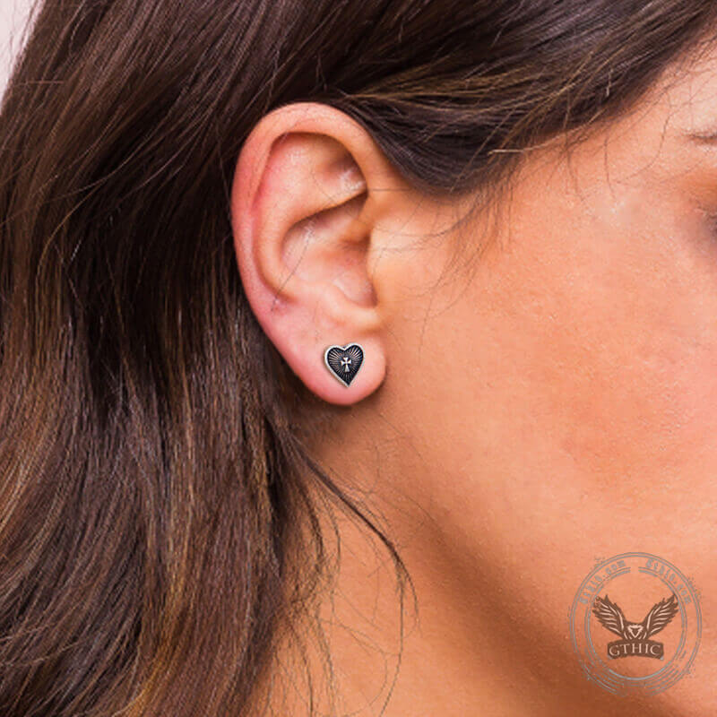Sacred Heart Cross Sterling Silver Stud Earrings