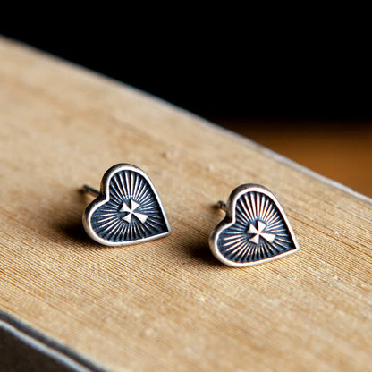 Sacred Heart Cross Sterling Silver Stud Earrings