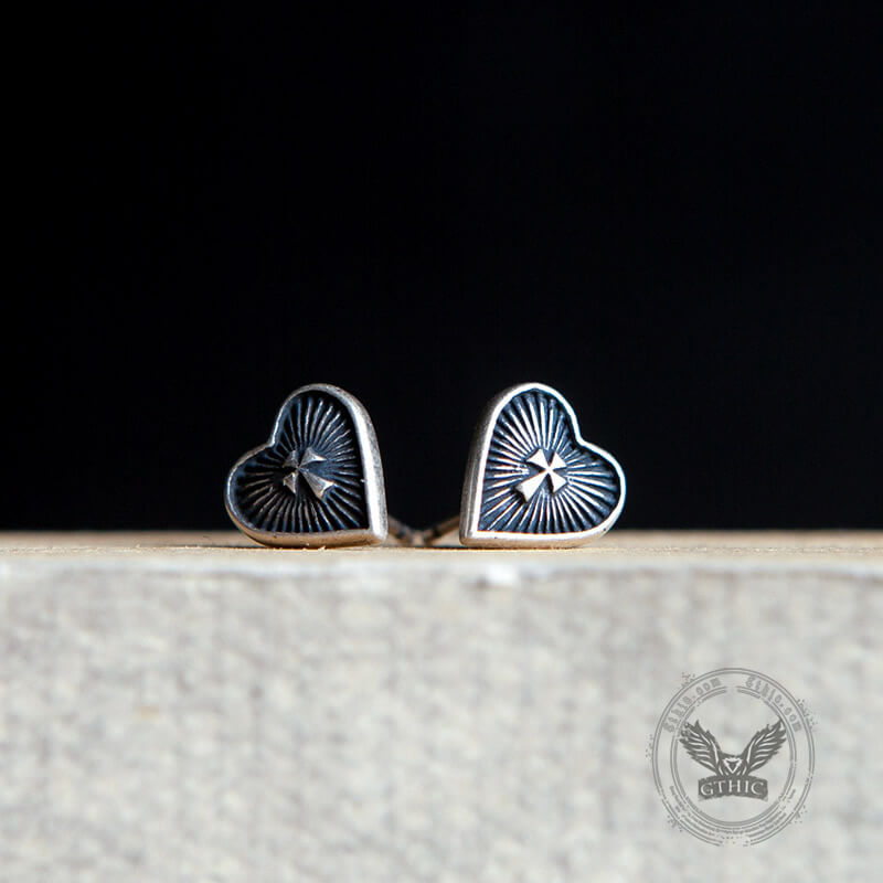 Sacred Heart Cross Sterling Silver Stud Earrings