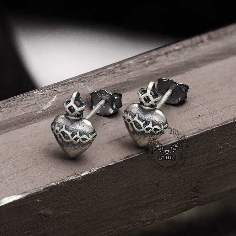 Sacred Heart Sterling Silver Stud Earrings