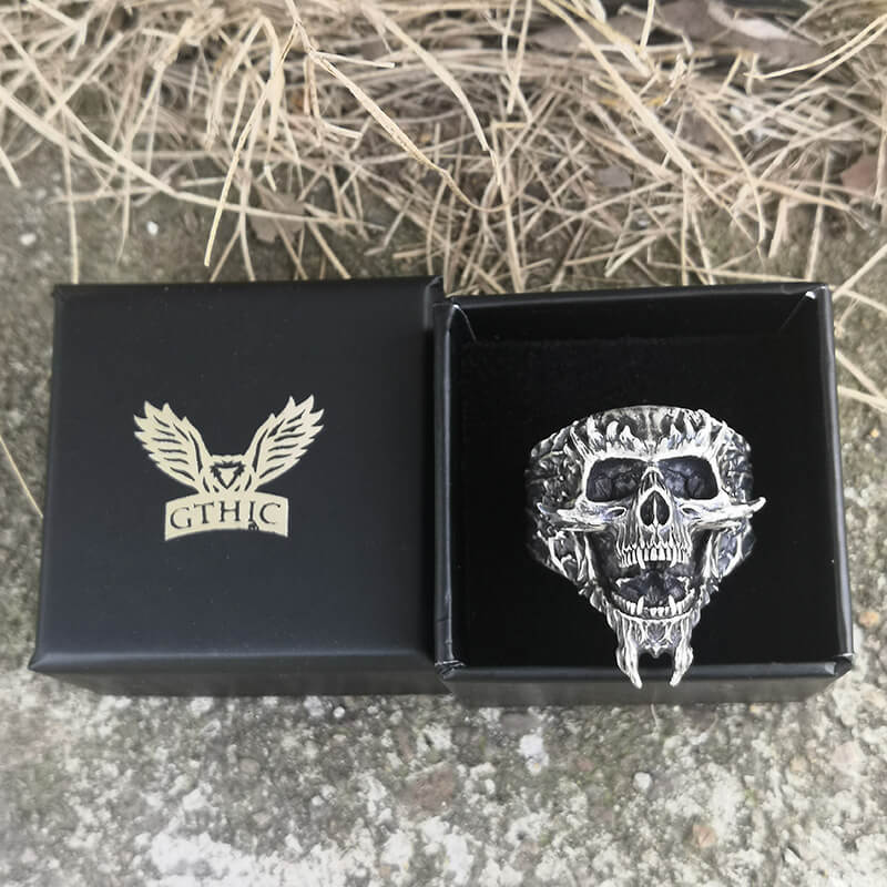 Screaming Demon Skull Sterling Silver Ring