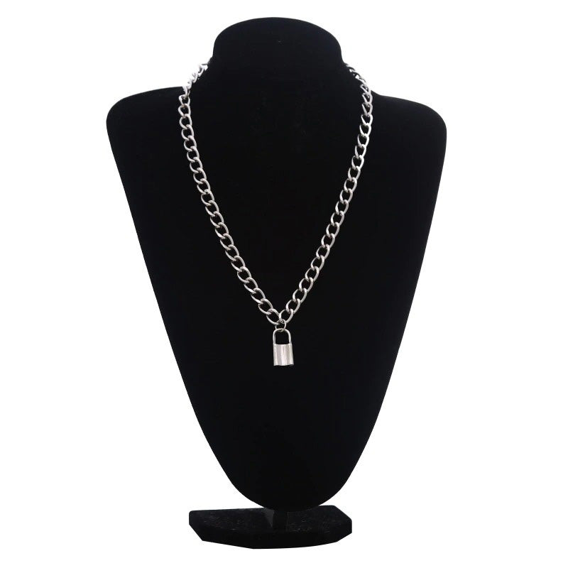 Silver Color Chain Necklace / Gothic Padlock Shape Pendant Necklace / Witch Festival Jewelry