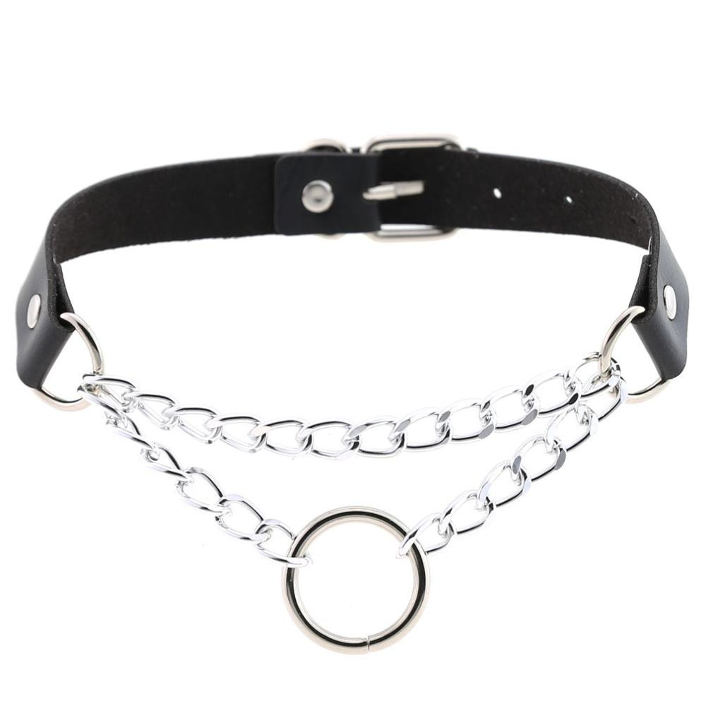 Silver Color Chain Necklace / Pu Leather Gothic Choker With Ring and Chain / Neck Jewelry