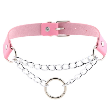 Silver Color Chain Necklace / Pu Leather Gothic Choker With Ring and Chain / Neck Jewelry