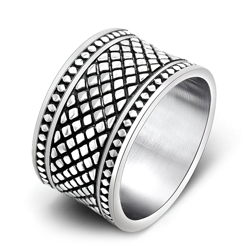 Silver Color Grid Pattern and Ring / Wide Finger Ring / Stainless Steel Jewelry
