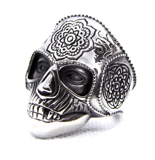 Silver Color Heavy Sugar Skull Ring / Mandala Flower Biker Jewelry / Cool Rings