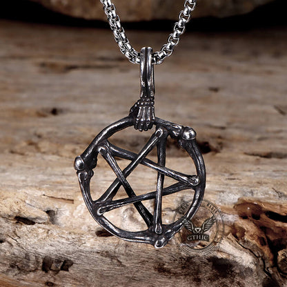 Skeleton Hand and Circle Pentagram Stainless Steel Pendant
