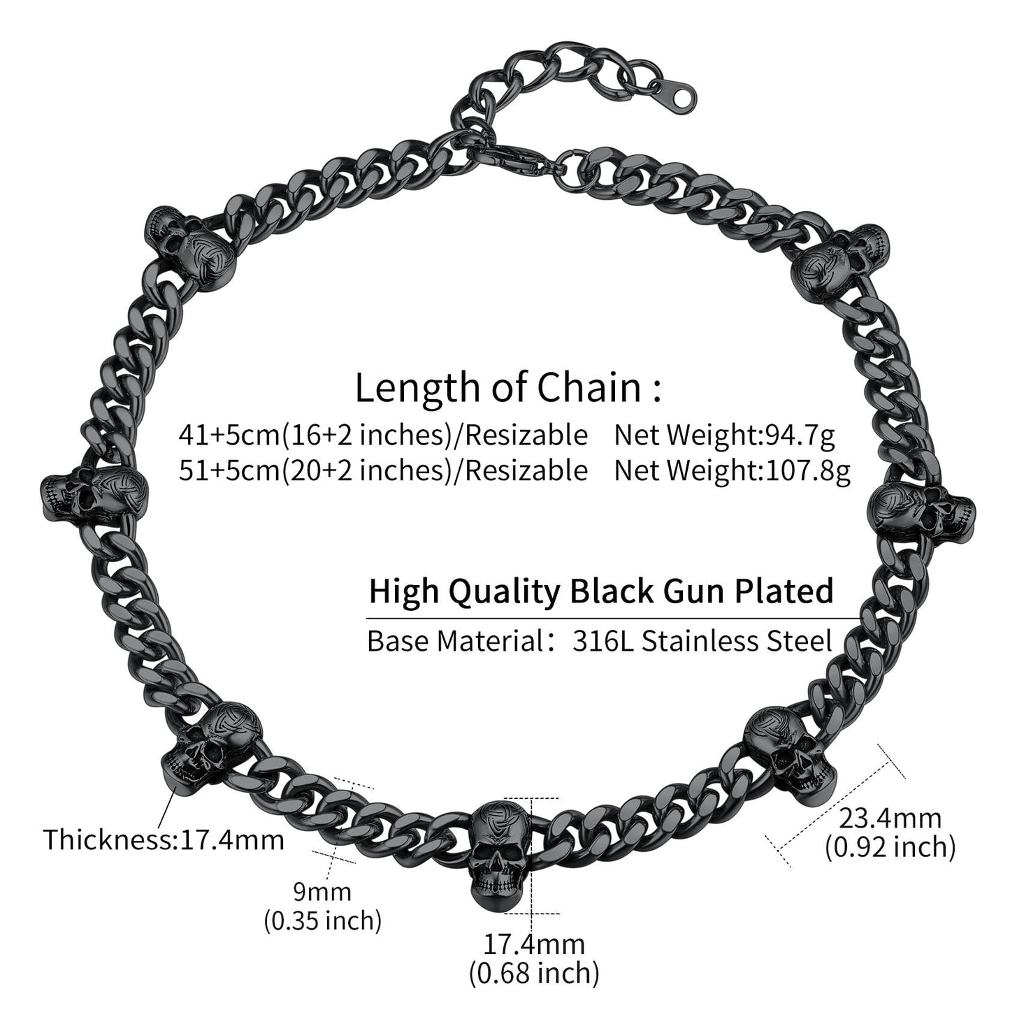 9mm Gothic Skull Cuban Link Chain Choker Necklace for