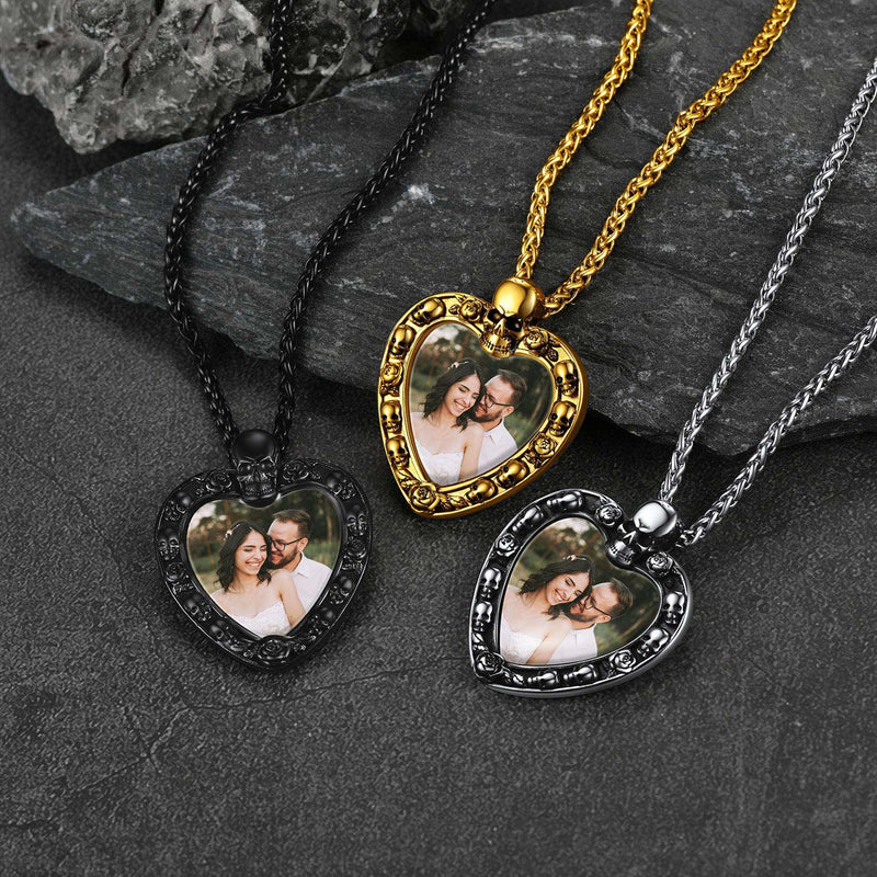 Customized Memorial Heart Photo Necklace With Skull for