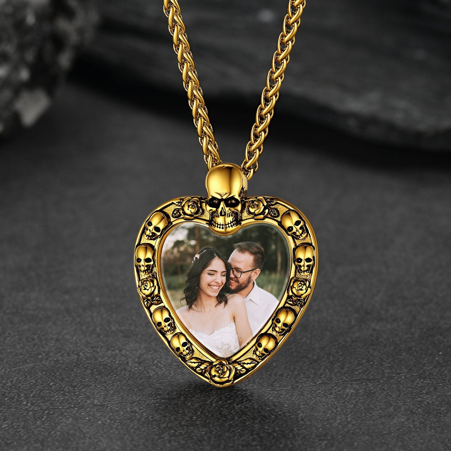 Customized Memorial Heart Photo Necklace With Skull for