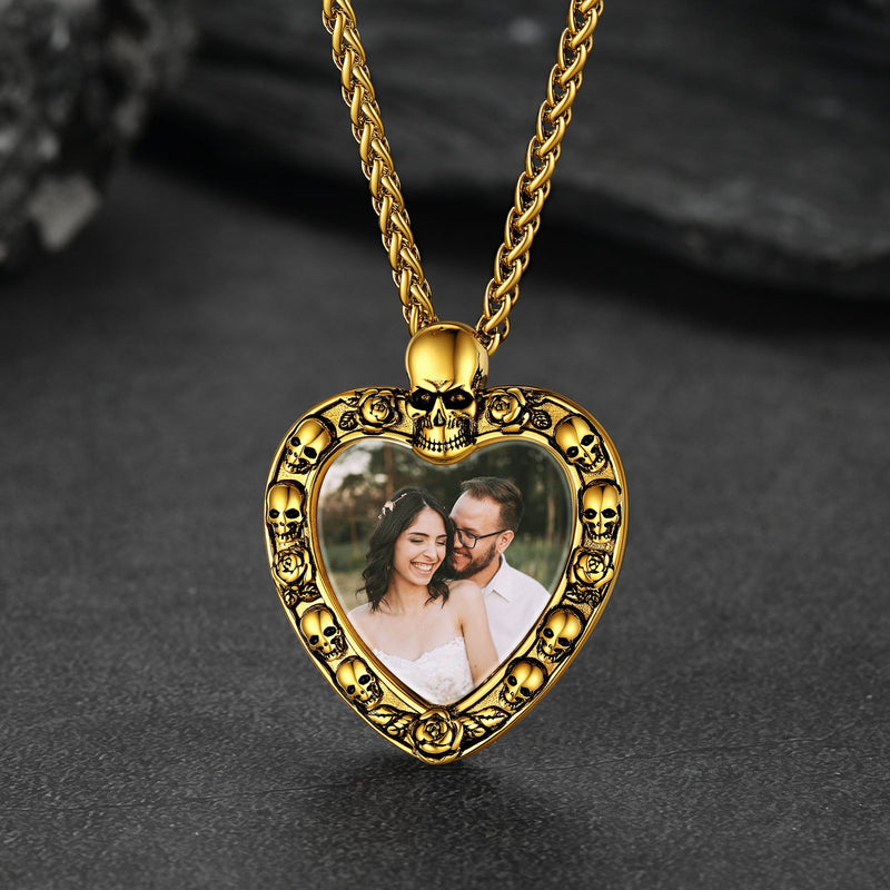 Customized Memorial Heart Photo Necklace With Skull for