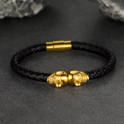 Black Braided Leather Bracelet With Skull for