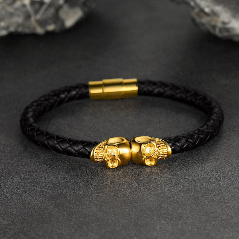 Black Braided Leather Bracelet With Skull for
