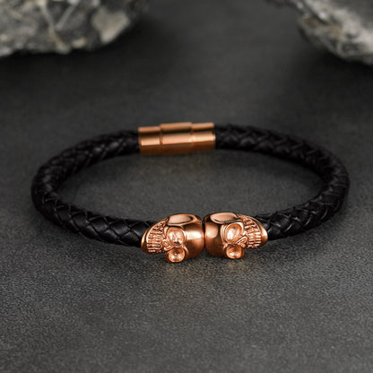 Black Braided Leather Bracelet With Skull for