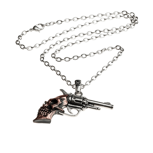 Skull Revolver Pendant Necklace in Pewter and Bronze