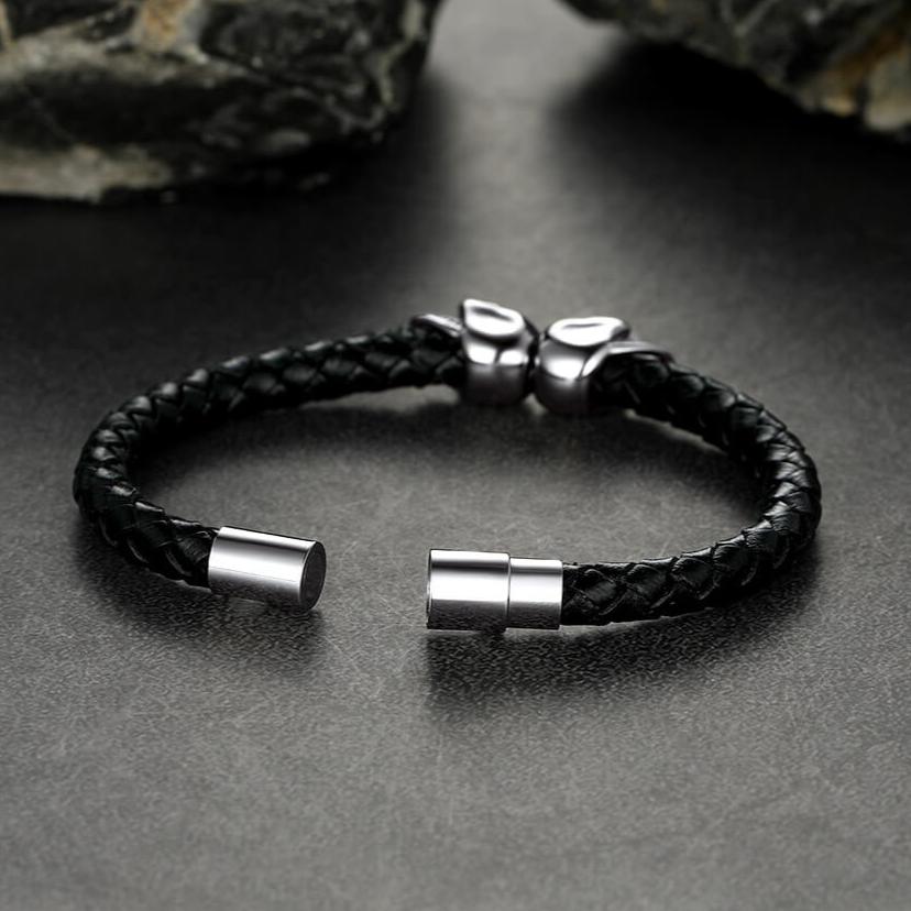 Black Braided Leather Bracelet With Skull for