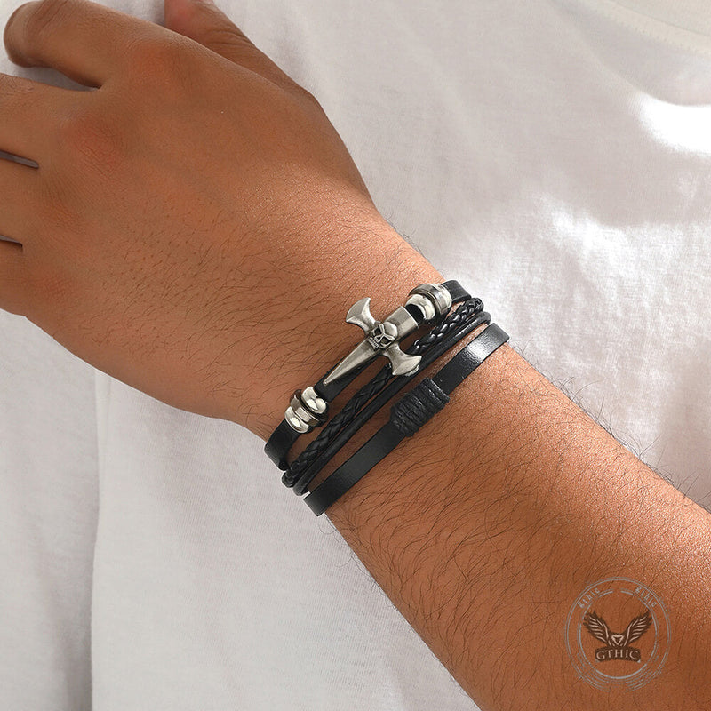 Skull Cross Pu Leather Braided Biker Alloy Bracelet