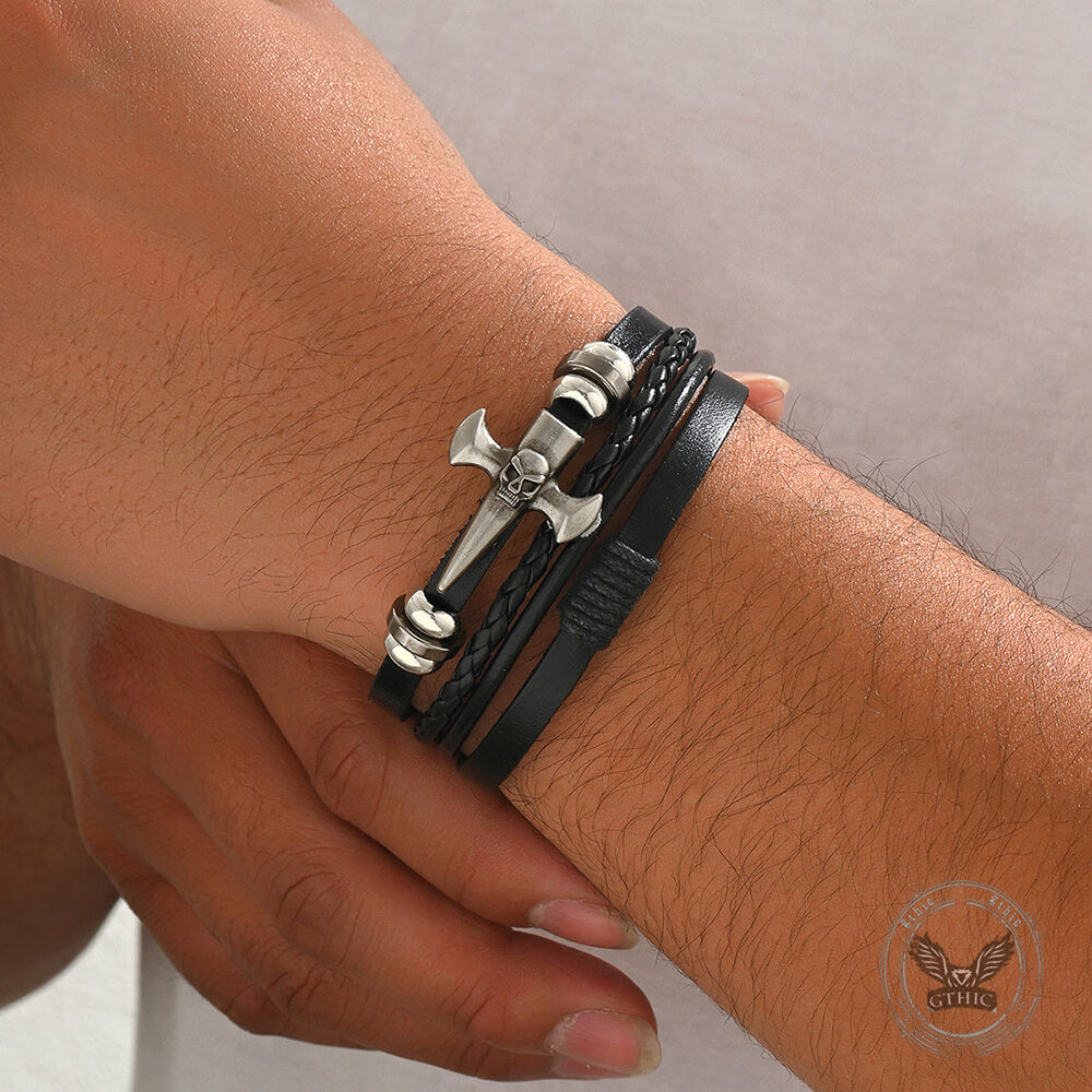 Skull Cross Pu Leather Braided Biker Alloy Bracelet