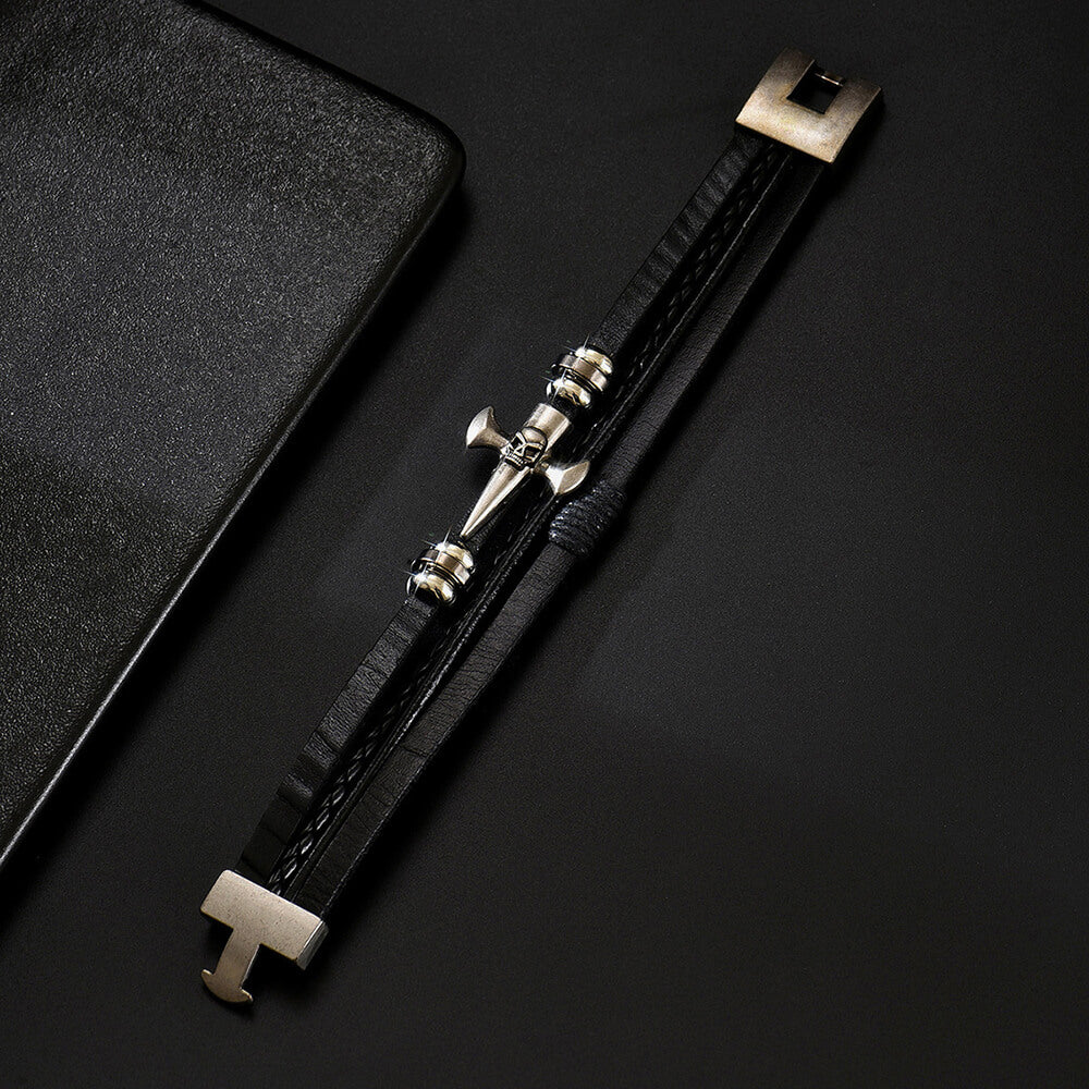 Skull Cross Pu Leather Braided Biker Alloy Bracelet