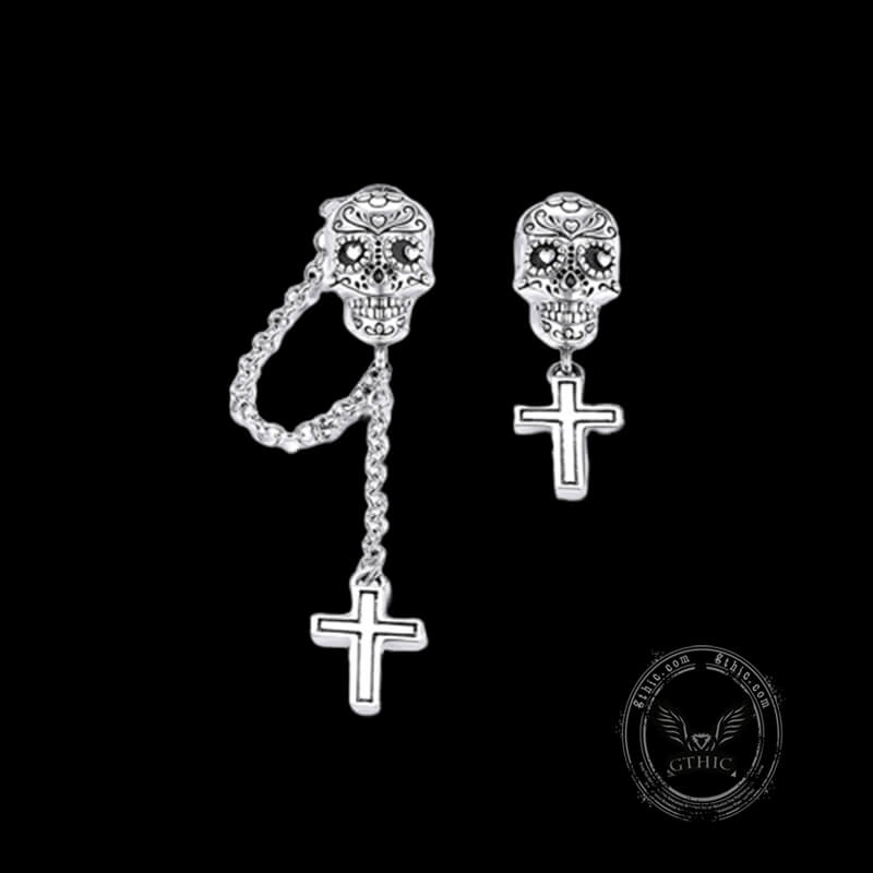 Skull Cross Sterling Silver Asymmetric Stud Earrings