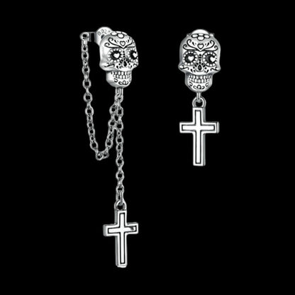 Skull Cross Sterling Silver Asymmetric Stud Earrings