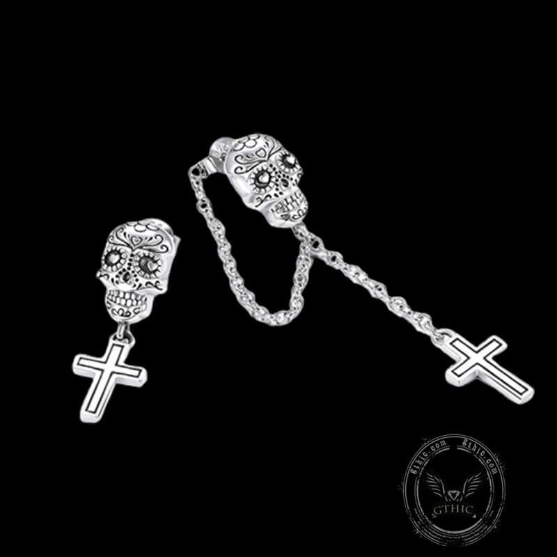 Skull Cross Sterling Silver Asymmetric Stud Earrings