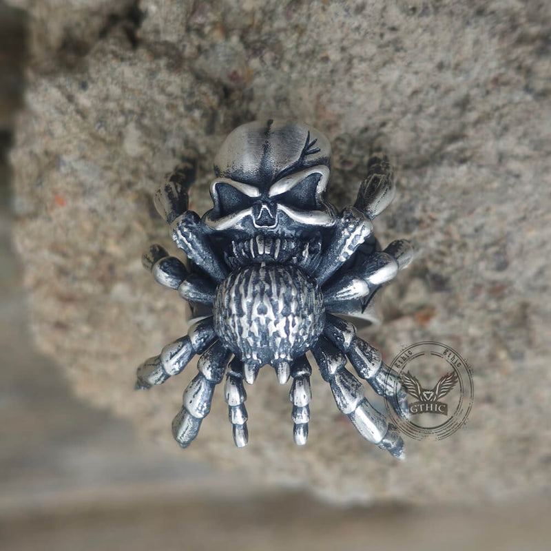 Skull Head Spider Sterling Silver Biker Ring
