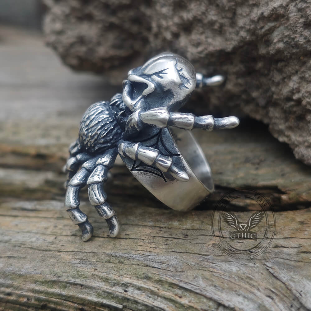 Skull Head Spider Sterling Silver Biker Ring