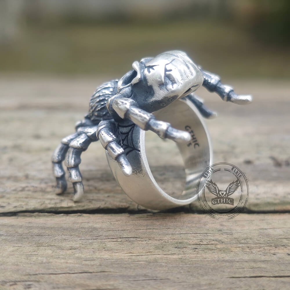 Skull Head Spider Sterling Silver Biker Ring