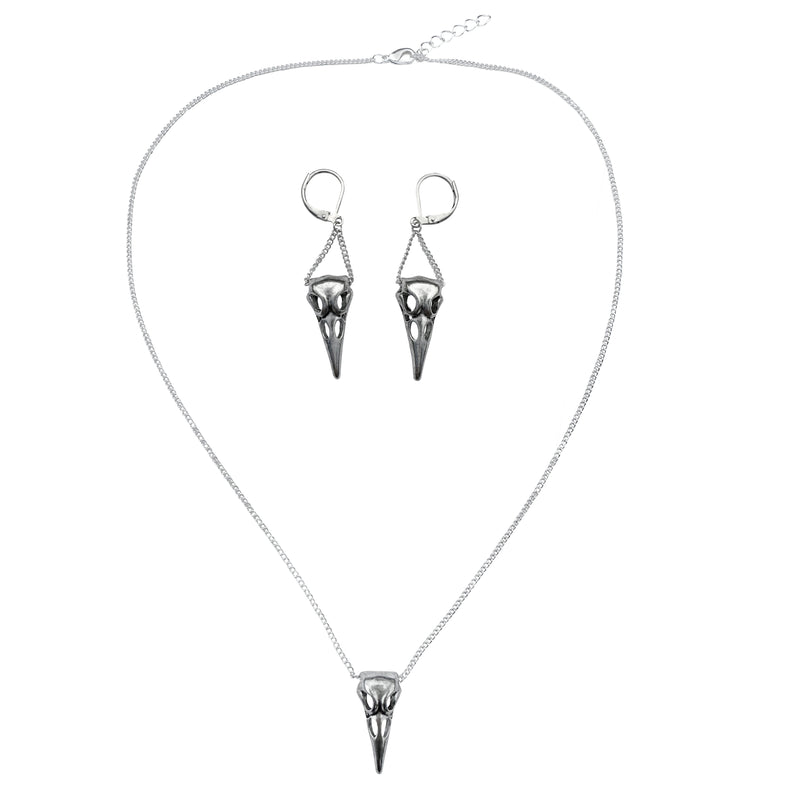Silver Raven Skull Charm Necklace Chain and Earring Set
