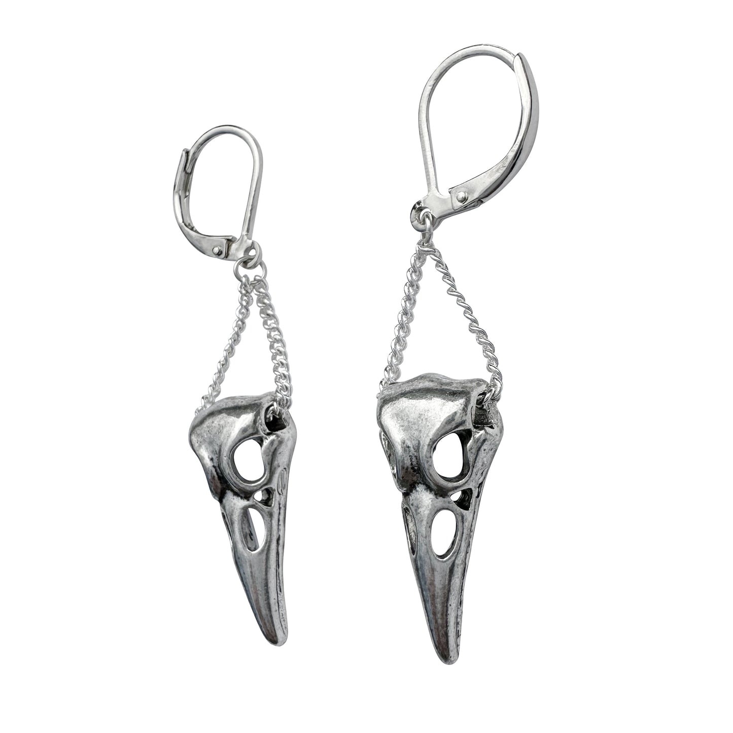 Silver Hanging Raven Skull Leverback Earrings