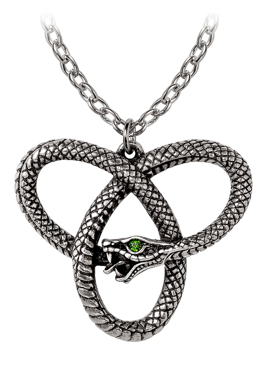 Snake Ouroboros Triquetra Pendant With Green Gem