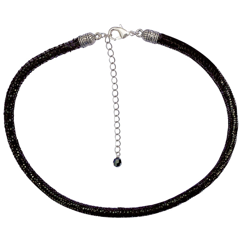 Black Leather Sparkly Snakeskin Choker Necklace With Silver Extender Chain & Swarovski Crystal