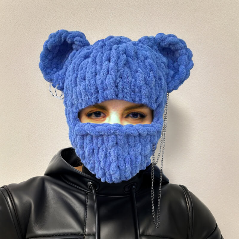 Color Bear Ear Knit Balaclava Hat