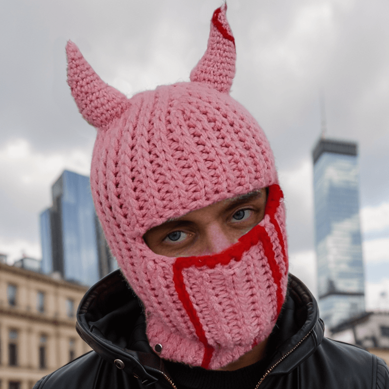 Color Devil Horns Knit Balaclava Hat