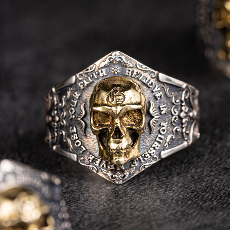 Soul Awakening Skull Sterling Silver Inlaid Brass Open Ring
