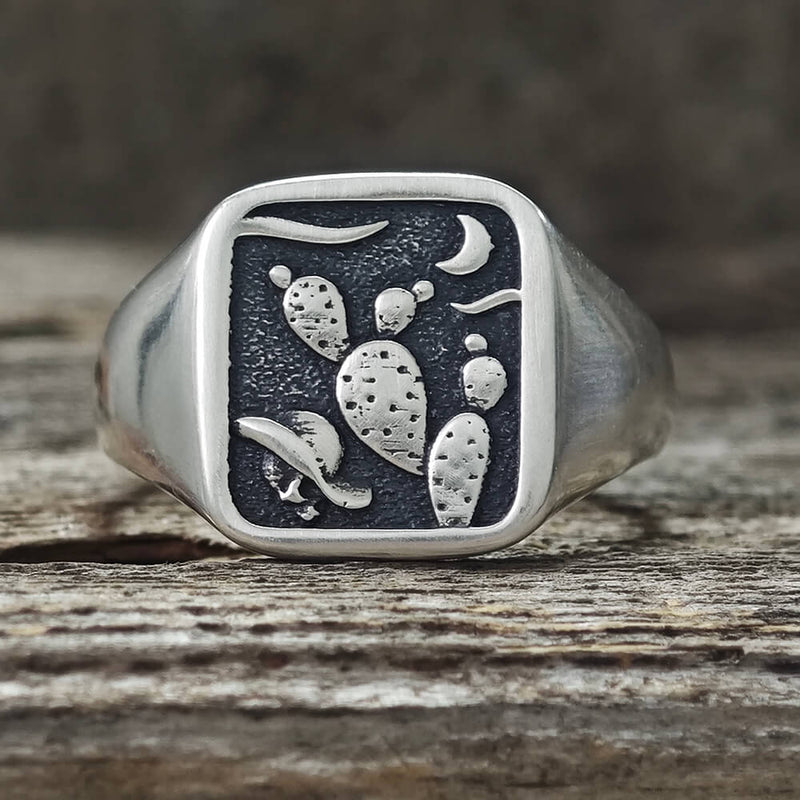 Square Cactus Cowboy Skull Sterling Silver Western Ring