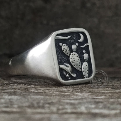 Square Cactus Cowboy Skull Sterling Silver Western Ring