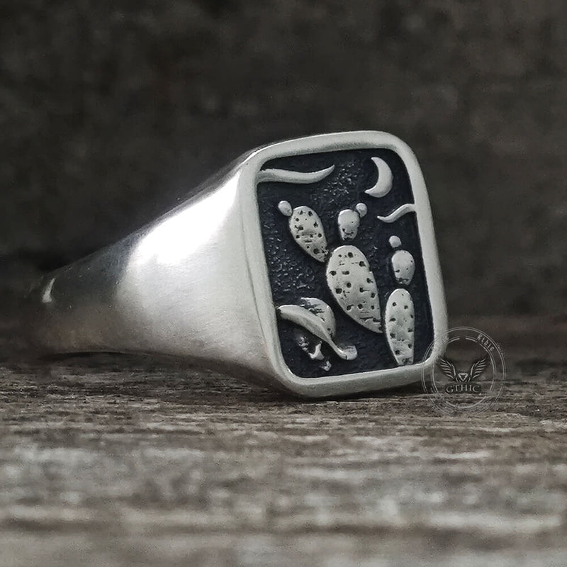 Square Cactus Cowboy Skull Sterling Silver Western Ring
