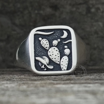 Square Cactus Cowboy Skull Sterling Silver Western Ring