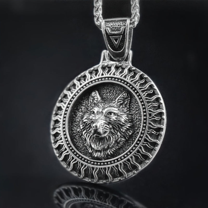 Stainless Steel and Necklace Pendant / Slavic Amulet With Black Sun and Wolf