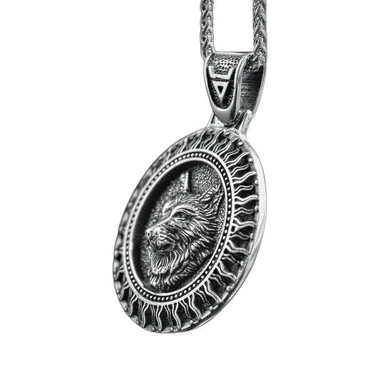 Stainless Steel and Necklace Pendant / Slavic Amulet With Black Sun and Wolf