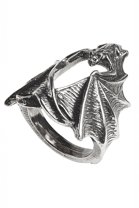 Stealth Bat Ring With Outstretched Wings in Antiqued Pewter