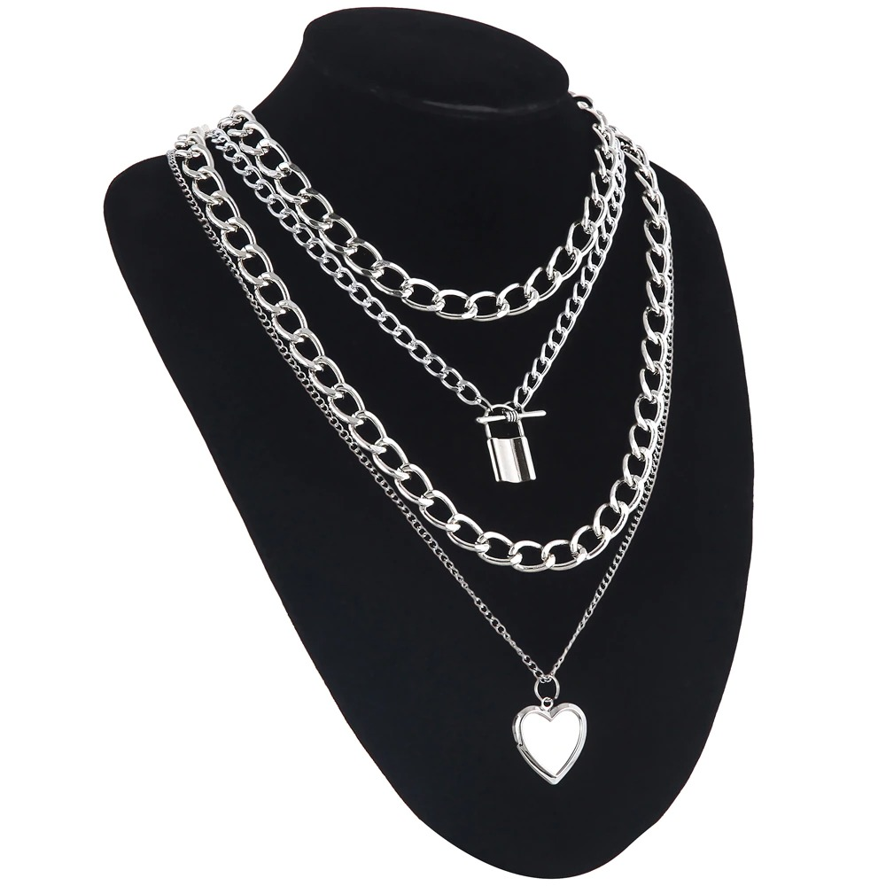 Steampunk Chain Necklace for / Aluminium Pendant With Locked and Heart
