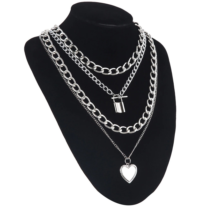 Steampunk Chain Necklace for / Aluminium Pendant With Locked and Heart